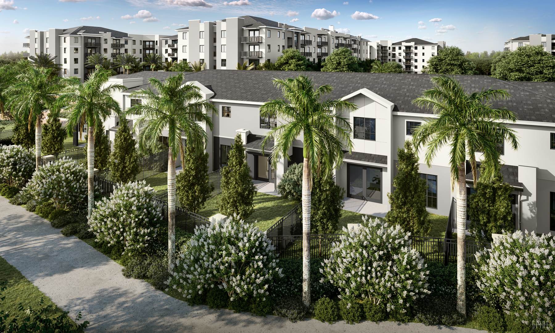 Walkway behind townhomes