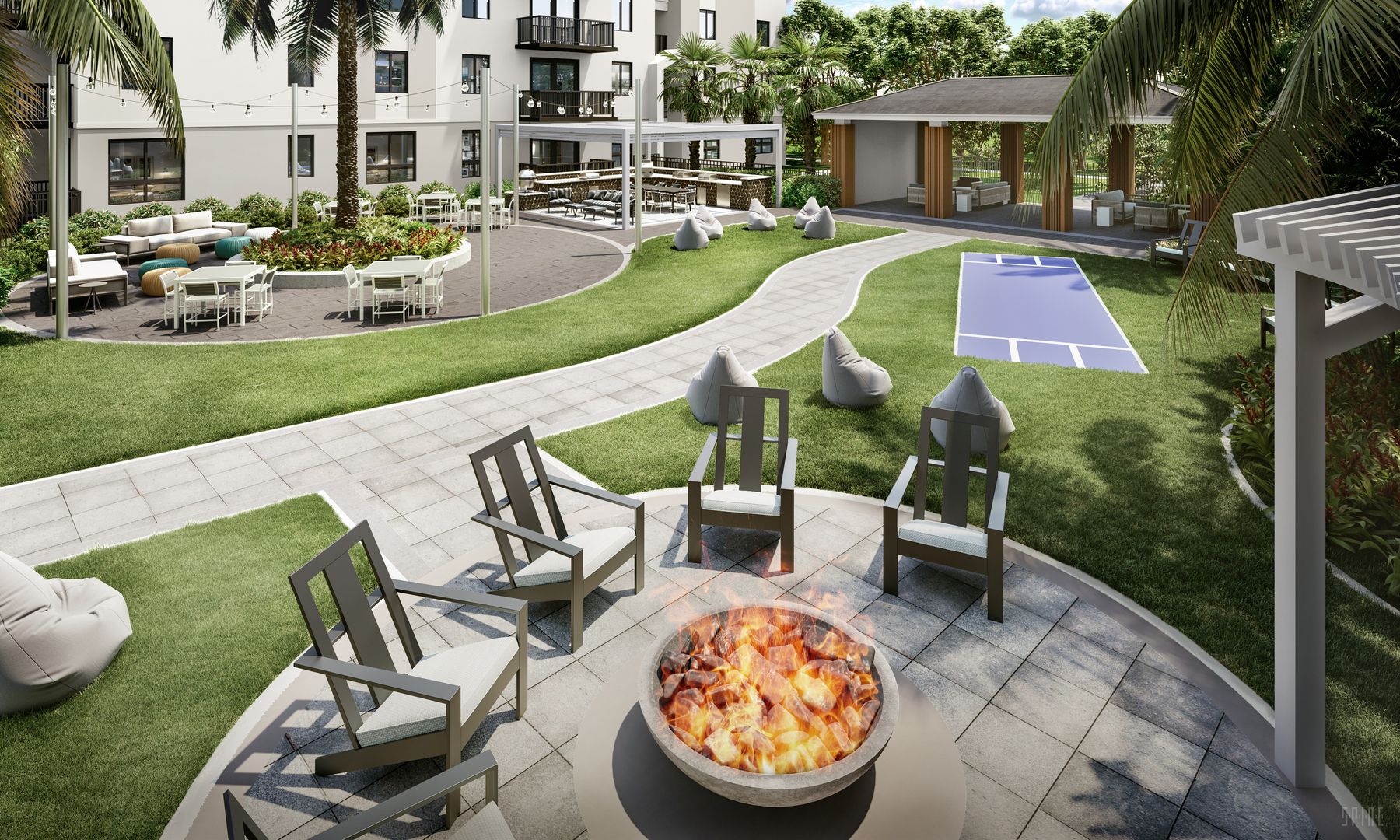Outdoor amenities, firepit, grilling space, sports space